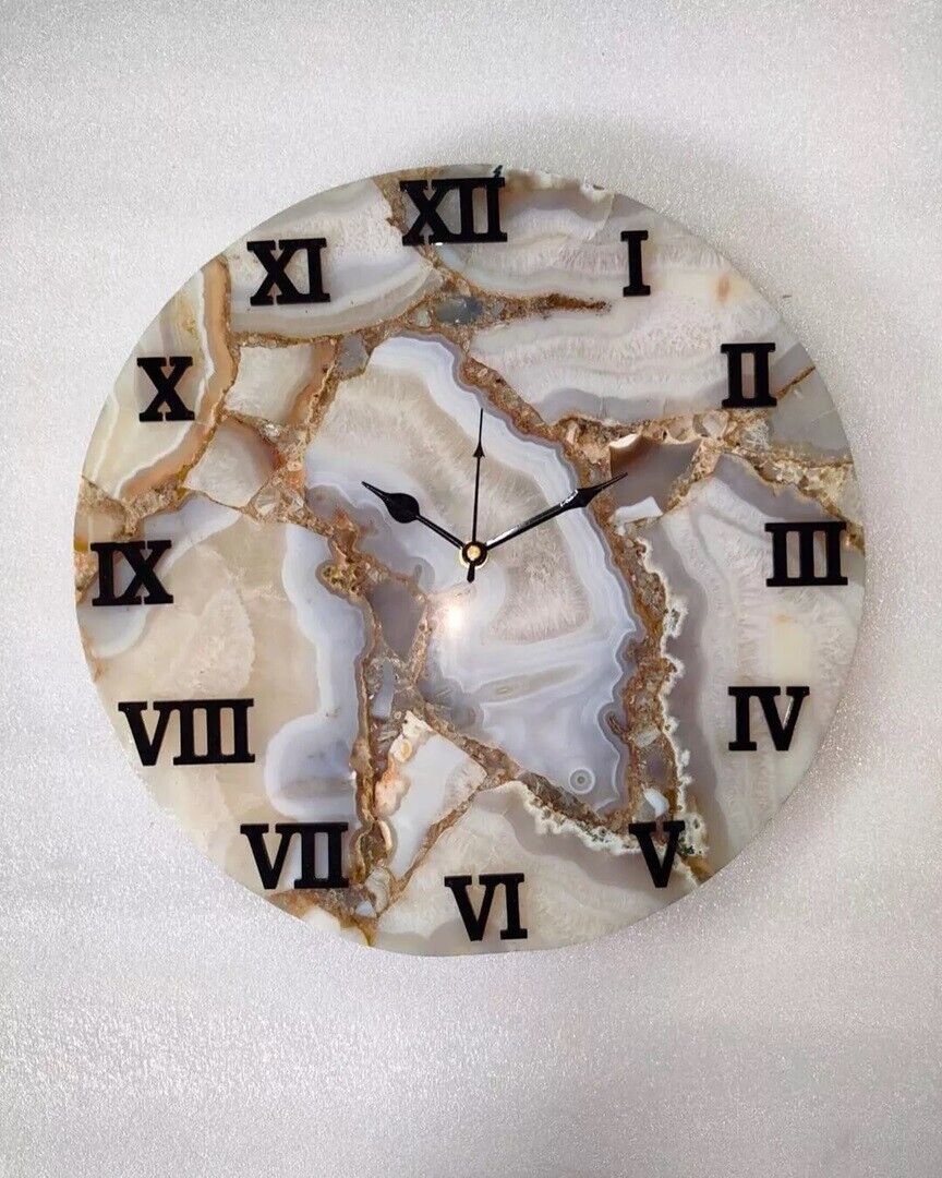 10" Round Natural Agate Stone Wall Clock Handmade Gemstone Bedroom Wall Decors