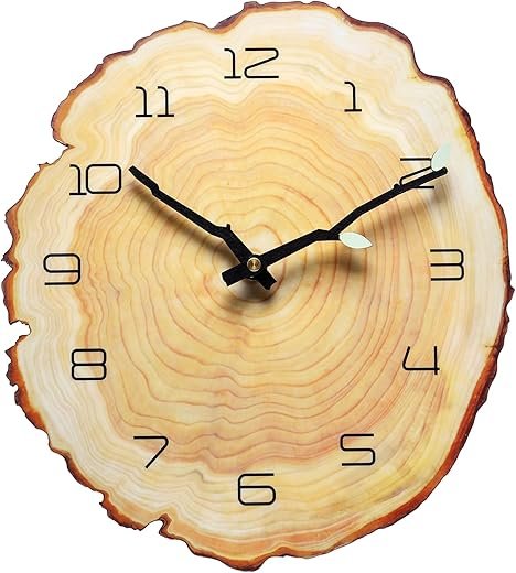 12 Inch Annual Ring Wall Clock - Wood Grain Stump Clock with Arabic Numerals - Battery Powered, Silent Quartz Movement - Decorative for Home, Living Room, Office - Size: 10.55W x 11.88H