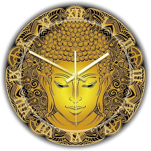 12 Inch Buddha Head Meditation Wall Clock with Roman Numerals, Buddhism Paisley Ornament Zen Wall Clock Vintage Decorative Silent Non Ticking Battery Operated Clock for Living Room