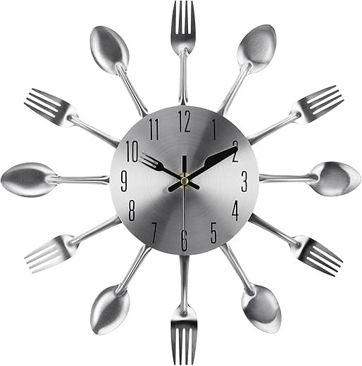 12 Inch Cutlery Kitchen Wall Clock,Modern Small Clock for Living Room Battery Operated,Non Ticking Silent Clock with with Fork and Spoon Dial,for Bedroom,Office,Kitchen,Farmhouse,Wall Decor