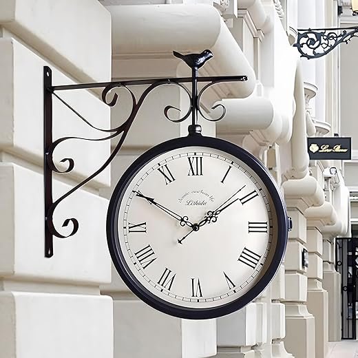 12 Inch Outdoor Clock, Indoor/Outdoor Double-Sided Hanging Clock with 360-Degree Spin Functionality, Metal Silent Clock Retro Wall Clocks for Patio Pool Home, Glass Lens, Scanning Movement