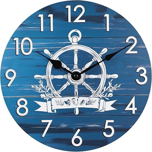 12 Inch Outdoor Clock, Waterproof Glass Wall Clock, Rustic Coastal Nautical Clock for Patio Pool Garden Home Decor- Blue,Ship Steering Wheel Theme