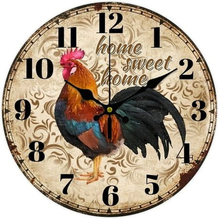 12inch Rooster Vintage Wall Clock Silent Wooden Wall Clock Round Digital Wall Clock Battery Operated Clock for Home Decor Living Room Kitchen Office