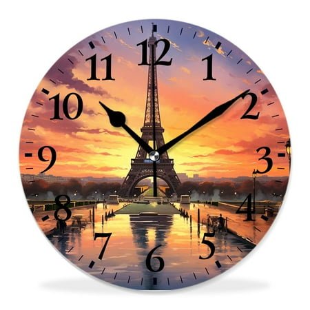 12 Inch Wall Clock Battery Operated Silent Clock Decorative for Office, Kitchen, Outdoor, Living Room，Eiffel Tower Landmark Sunrise with Clouds on Horizon Park Sun Lovely