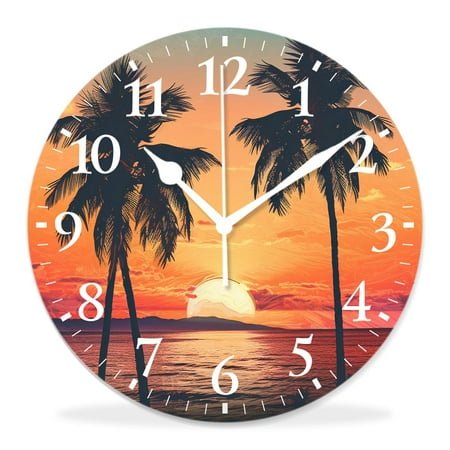 12 Inch Wall Clock Battery Operated Silent Clock Decorative for Office, Kitchen, Outdoor, Living Room，Beautiful Palm Tree in Sunrise Hawaii Blue Ocean Lovely