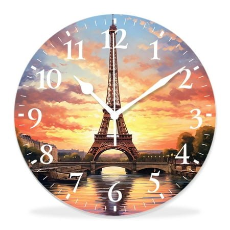 12 Inch Wall Clock Battery Operated Silent Clock Decorative for Office, Kitchen, Outdoor, Living Room，Eiffel Tower Landmark Sunrise with Clouds on Horizon Park Sun Elegant