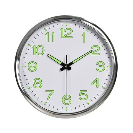 12in Wall Clock Large Quartz Silent Luminous Glow In the Dark Indoor Home Office; Silver White