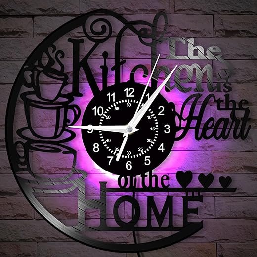 12'' Kitchen Vinyl Record Wall Clock 7 Kinds of LED Color, Kitchen Heart Home Theme Wall Clock Night Light Silent Non Ticking Coffee Bar Wall Watch Clock for Women Wife Restaurant Dining Room