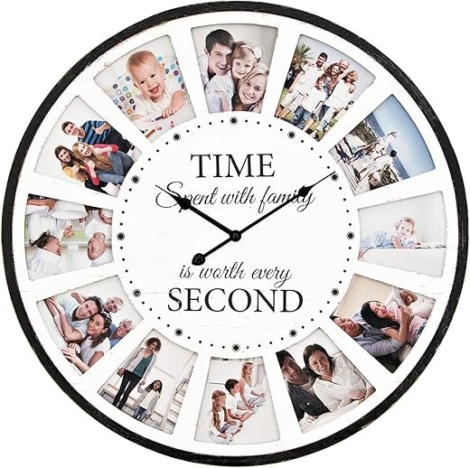 12 Photo Collage Family Wood Wall Clock, Rustic Farmhouse Wall Clock, Large Oversized Wall Clocks for Home, Kitchen, Living Room, Silent Battery Powered 25 Inch White