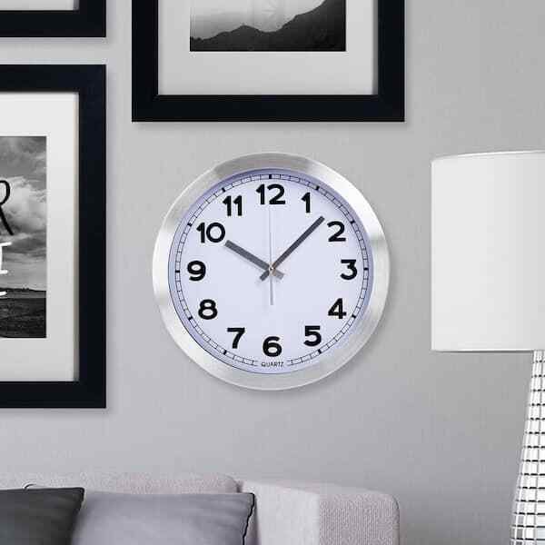 12 x 12 Inch Modern Round Brushed Aluminum Battery Operated Home Wall Clock