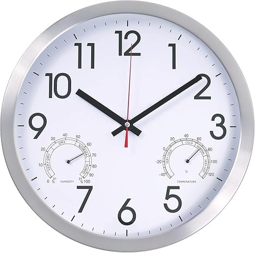 14Inch Wall Clock Battery Operated Aluminum Frame Wall Clocks, Silent Wall Clocks with Temperature & Humidity, Decorative for Home Housewarming Living Room