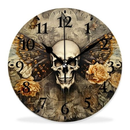 14 Inch Wall Clock Battery Operated Silent Clock Decorative for Office, Kitchen, Outdoor, Living Room，Tatoo Skull on Floral Background Lovely