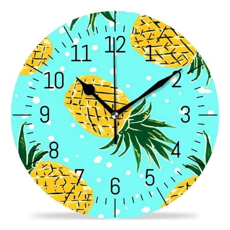 14 Inch Wall Clock Battery Operated Silent Clock Decorative for Office, Kitchen, Outdoor, Living Room，Cartoon Pineapple on Green Cute Design