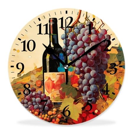 14 Inch Wall Clock Battery Operated Silent Clock Decorative for Office, Kitchen, Outdoor, Living Room,Vintage Red Wine Bottle Glass Vine Leaf Elegant