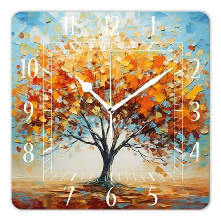 14 Inch Wall Clock Battery Operated Square Clock Decorative for Office, Kitchen, Outdoor, Living Room，Oil Painting Landscape Colorful Autumn Maple Trees Cute