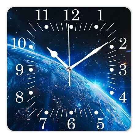 14 Inch Wall Clock Battery Operated Square Clock for Office, Kitchen, Outdoor, Living Room,Blue Shiny Earth In Space Luminous Globe Planet Solar System Multicolor