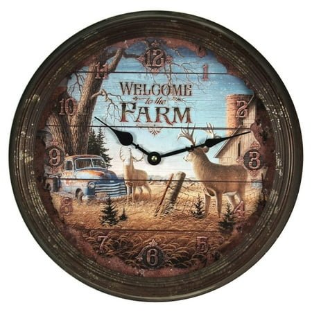 15 Inch Large Wall Clock, Distressed Analog Clock with Tin Frame, Rustic Wall Clock for Bedroom, Living Room, Bathroom, Kitchen, Office, or Cabin Decor, Deer Scene