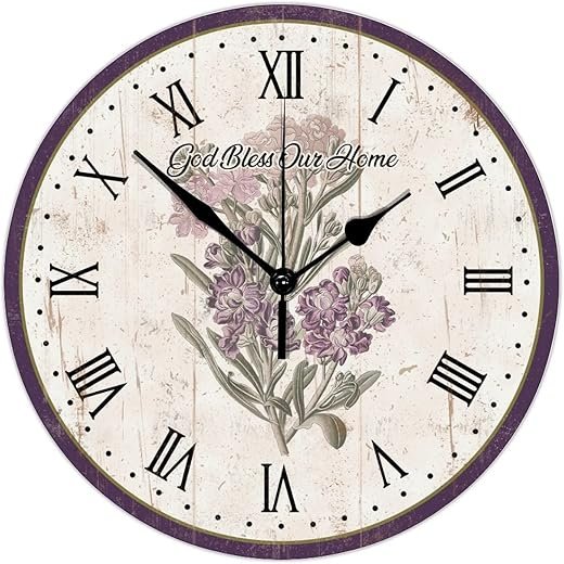 15 Inch Wood Wall Clock Sweep Movement with Big Numbers God Bless Our Home Round Wood Clock Decorative Retro Style Wall Clock Decorative for School Bedroom Bedroom Sweep Movement Clock Wall Decor
