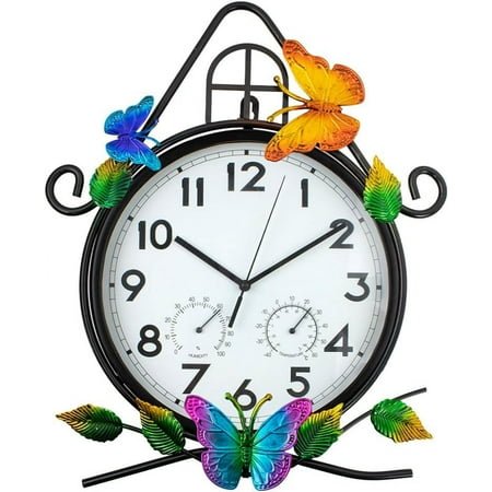 15'' Large Outdoor Clock, Wall Clock with Thermometer & Humidity Silent No-Ticking Outdoor Clocks Waterproof for Patio, Living Room, Kitchen