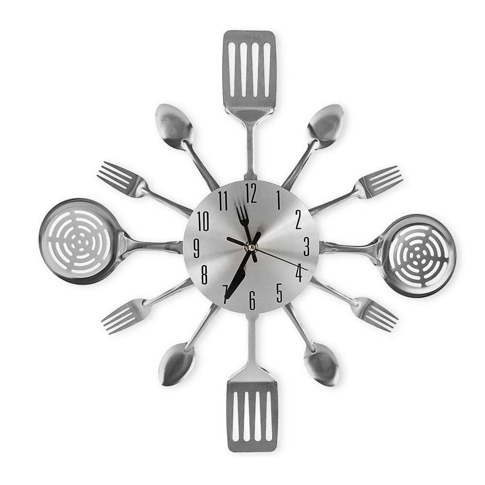 16 in. Silver Analog Cutlery Kitchen Wall Clock with Fork and Spoon...