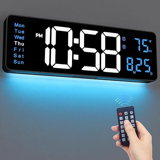 16 Large Digital Wall Clock with Remote Control, Large Display with Night Light, DST, Date, Week, Temperature, Dimmer, Dual Alarm, Plug in LED Wall Digital Clocks for Living Room Office Decor (Blue)