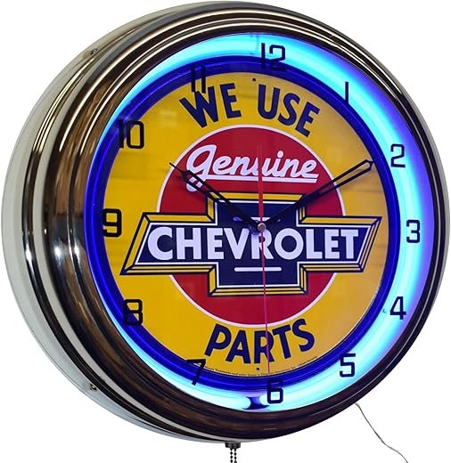 16 Retro Blue Neon Chevrolet Genuine Parts Advertising Clock