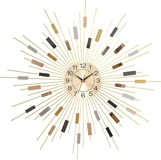 23.6 inch Starburst Wall Clock Modern Gold Mid Century Large Wall Clocks Metal Living Room Big Clocks Battery Operated Sunburst Wall Clock Big Silent Decorative for Walls Bedroom Office