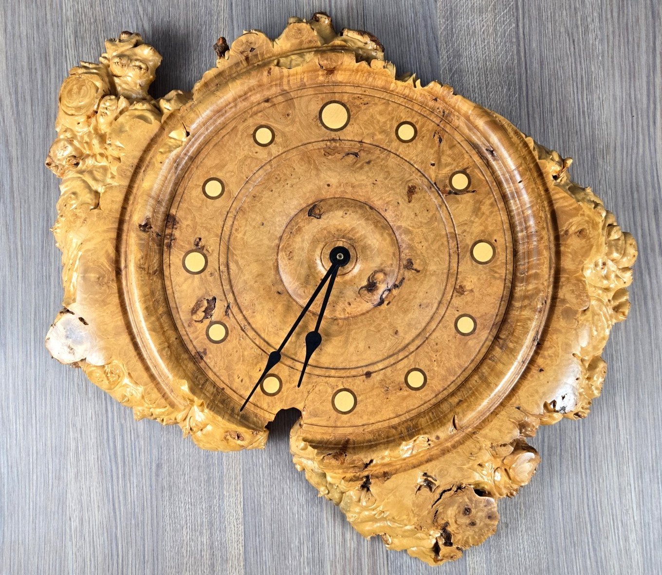 23" Burl Maple inlaid & lathe turned wall clock, signed R. Bahr