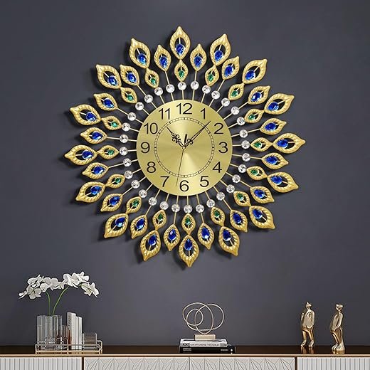 24.0 Inch Gold Large Wall Clocks for Living Room Decor,Elegant 3D Modern Wall Clock with Dial Arabic Numberals Non-Ticking Silent Big Wall Clocks,Diamond Round Home Decoration Kitchen Clocks