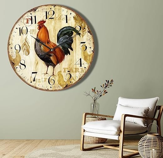 24 Inch Vintage Silent Wall Clock Battery Operated Decorative for Living Room,Retro Large Wall Clock Non-Ticking for Farmhuose Kitchen, Rustic Rooster