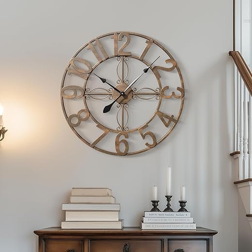 24 inch Wall Clock, Large Decorative Wall Clock for Living Room Kitchen Mantel, Silent Non Ticking Battery-Operated Metal Round Retro Rustic Arabic Numerals Analog, Bronze