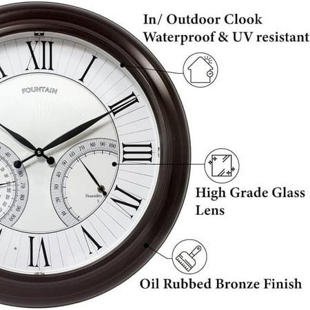 24 Jameson in/Outdoor Lighted Clock, Self-Illuminated, Waterproof, 3 in 1 Weather Station (Thermometer & Hygrometer), Metal Clock, Oil Rubbed Bronze Finish. (Night Light)