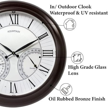 24 Jameson in/Outdoor Lighted Clock, Self-Illuminated, Waterproof, 3 in 1 Weather Station (Thermometer & Hygrometer), Metal Clock, Oil Rubbed Bronze Finish. (Night Light)