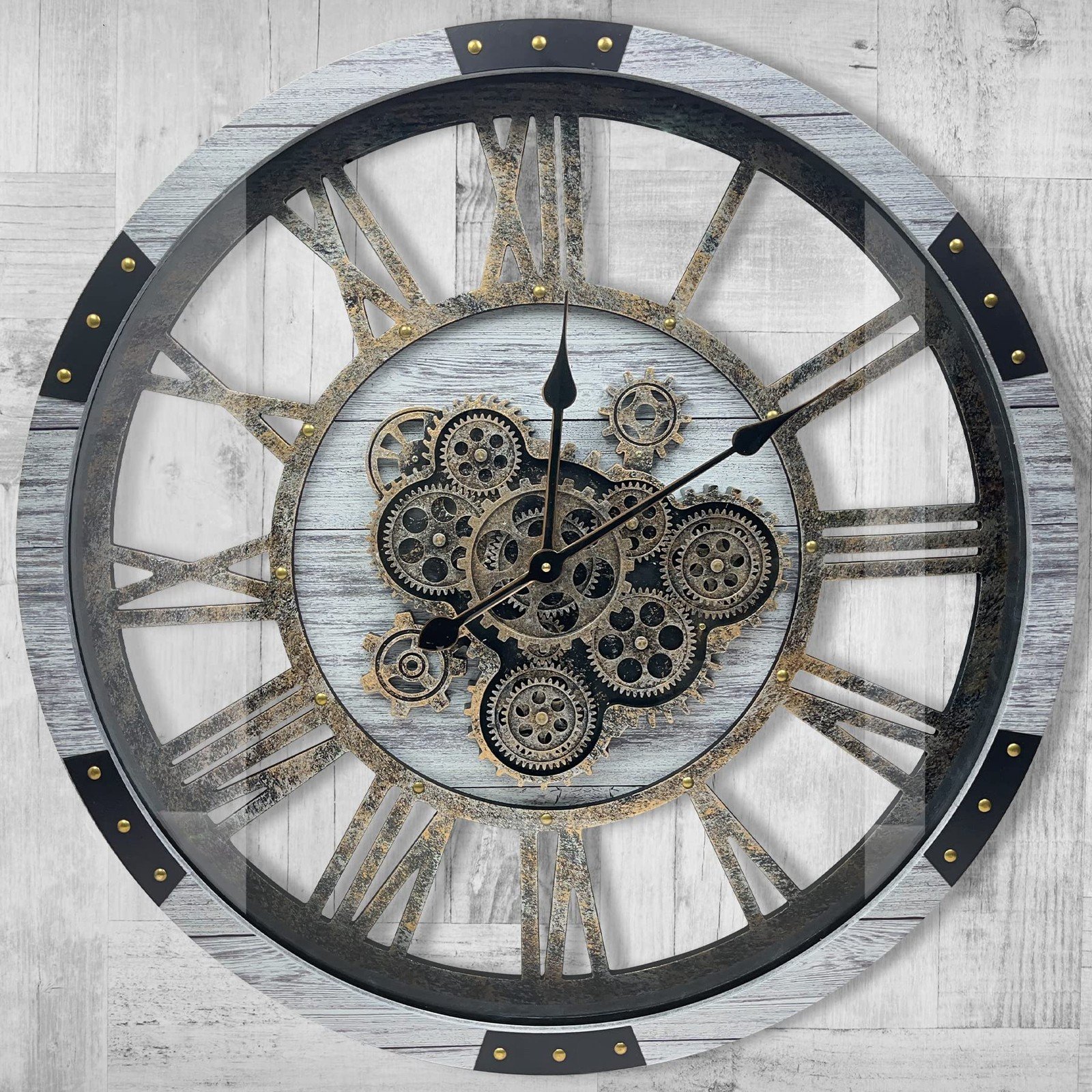 24" Large Wall Clock with Moving Gears,Oversize Vintage Industrial Rustic Far...