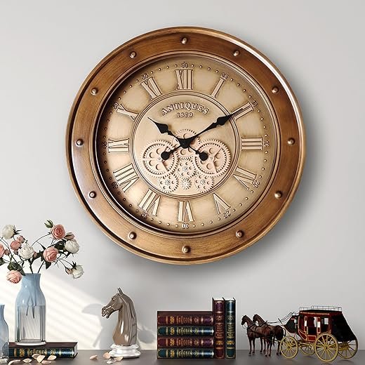 24 Wall Clock with Real Moving Gears, Oversized Large Vintage Industrial Steampunk Decor Wall Clock, Antique Bronze Gold Roman Numeral Metal Wall Clocks for Living Room Farmhouse