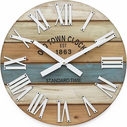 24 Wooden Multi-Color Maritime Coastal Beach Large Roman Wall Clock (Blue, 24 inch)
