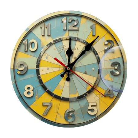 2D Vintage Wood Square Clock Yellow Blue Golden Numerals Distressed Paint Segmented Design Vintage Retro Wooden Home Decor for Kitchen & Living Room .Bedroom, Kitchen10 Inch( AA Not Included)