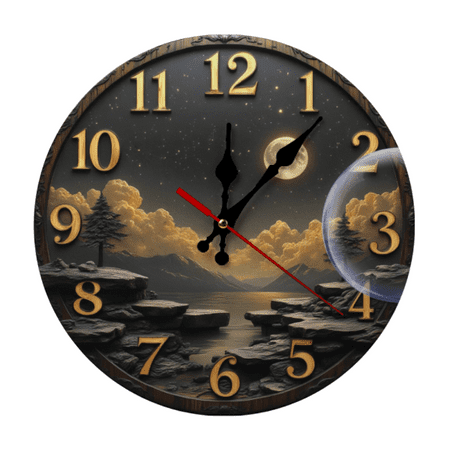 2D Wall Clock Vintage Wooden Night Sky Lake Mountain Scene Home Decor Wall Clock Design forLiving Room And Bedroom Featuringa Entryway Decor Unique Gift 10 Inch (AA Battery Not Included)