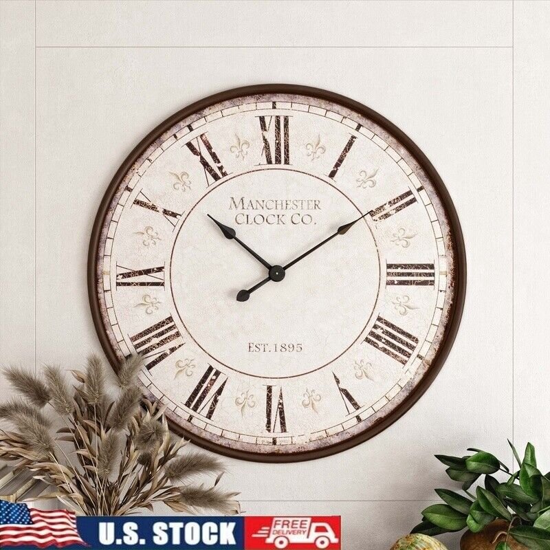 30 Inch Large Round Wall Clock Iron Frame Analog Home Decor Vintage Style New