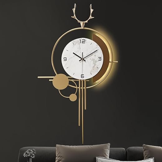 32.5 Modern Wall Clock with Voice Activated Light, Battery Operated Large Pendulum Art Wall Clock, Metal Decorative Big Clock for Bedroom Kitchen Office
