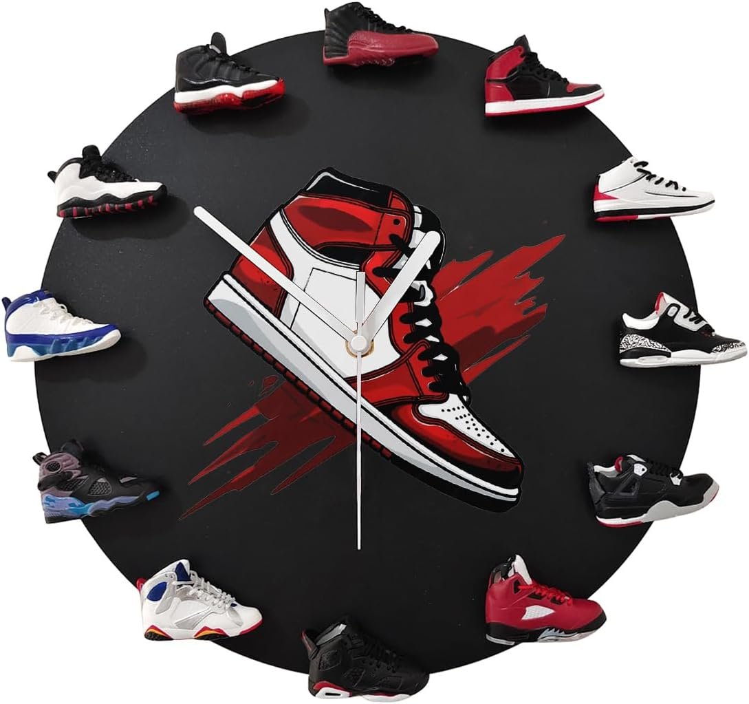 3D Wall Clock with 12 Mini Shoe Models, Decorative Sneaker Clock Basketball Shoe Clocks Gift for Boys & Girls Friends (Black-12)