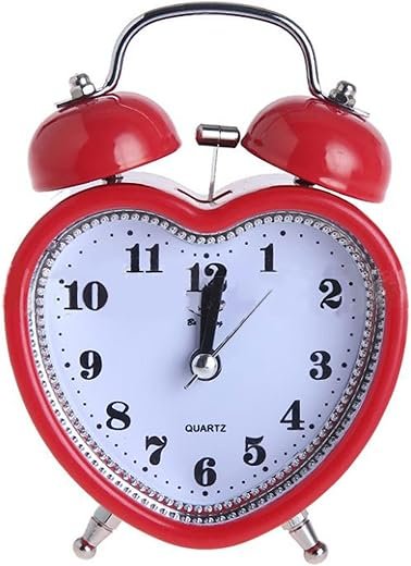 3in Loud Twin Bell Alarm Clock Silent Analog Quartz Nightlight Clock (Heart Shape Red)