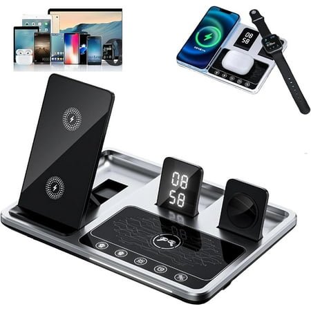 4 in 1 Alarm Clock Wireless Charger Stand, 4 in 1 Wireless Charging Dock, 4 in 1 Wireless Charger with Alarm Clock, 15W Magnetic Charger for iPhone