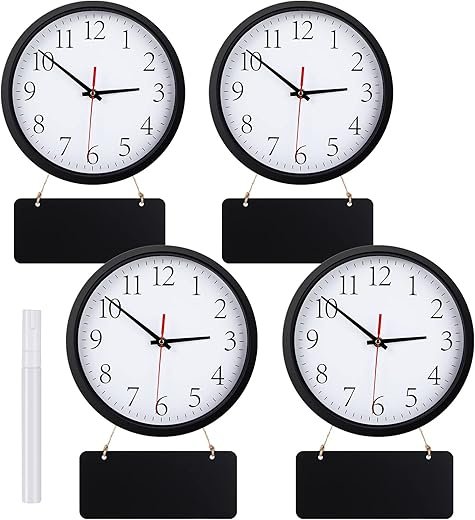 4 Pcs Silent Wall Clocks 10 Inch Multi Time Clock Battery Operated Round Timepiece with 4 Pcs Black Hanging Chalkboard and White Marker Pen for Home Room Kitchen School Office