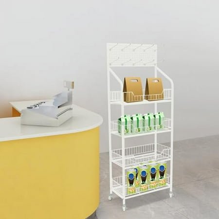 4 Tier Metal Storage Shelf, 10 Hooks Retail Display Rack Stand with Wheels & Top Handles, Snack Candy Display Organizer, Fruit Vegetable Storage Cart for Kitchens Supermarkets Rest