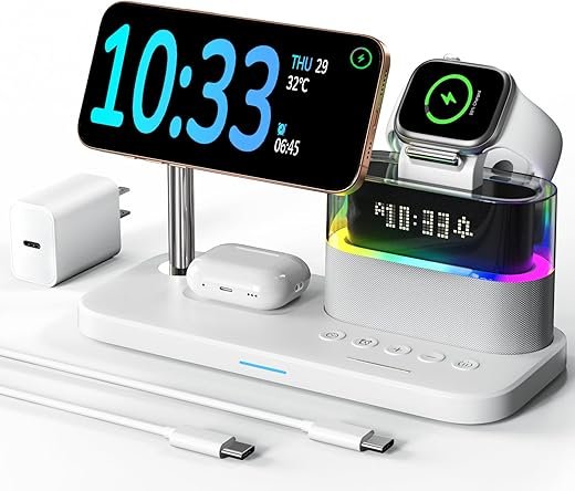 5 in 1 Wireless Charger with Alarm Clock for Apple,Mag-Safe Charging Station for iPhone 16/15/14/13/12,Apple Watch Series 10/9/Ultra 2/8/7/SE/SE2/6/5,Air-Pods 4/3/Pro/2,Magnetic Charger Stand(White)