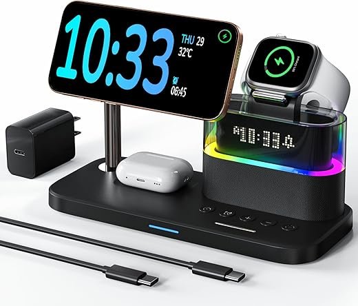 5 in 1 Wireless Charger with Alarm Clock for Apple Multiple Devices,Bedside Night Light Nightstand Mag-Safe Charging Station for iPhone 16/15/14/13/12,Apple Watch,Air-Pods(Black)