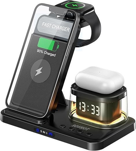 5 in 1 Wireless Charger with Clock Night Light Alarm Clock for Apple Devices for iPhone 15 14 13 12 11 Pro Max Apple Watch AirPods Series for Apple Watch for Airpods - Black