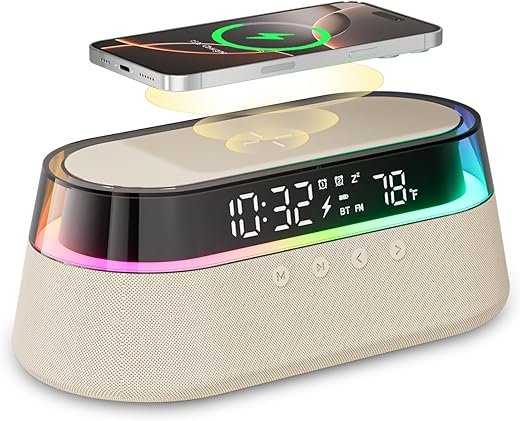 6 in 1 Alarm Clock for Bedroom, Digital Speaker Wireless Charging 15W, FM Radio, LED Night Light, Dual Alarm, Beige