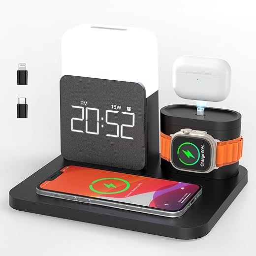 7 in 1 Charging Station for iPhone, Wireless Charging Station, Alarm Clock, Night Light, Wireless Charger for iPhone 16 15 14 13 12 Pro Max & Apple Watch - Charging Stand Dock for AirPods